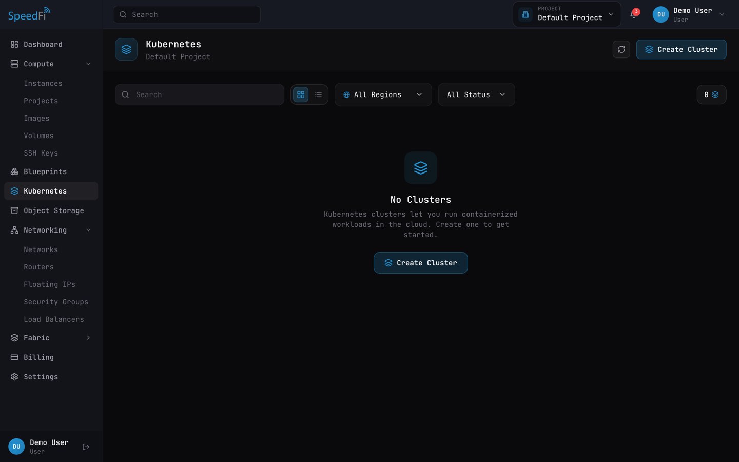 SpeedFI customer portal: the Kubernetes page before the first cluster, with region and status filters and a Create Cluster button.