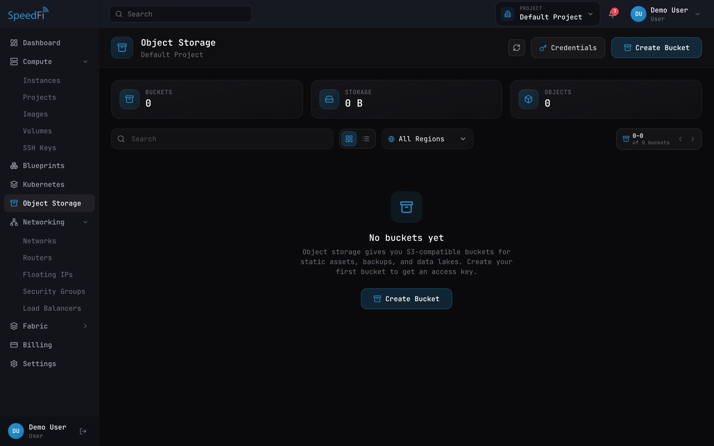 SpeedFI customer portal: the Object Storage page with bucket, storage and object counters, a region filter, a Credentials button and a Create Bucket button.