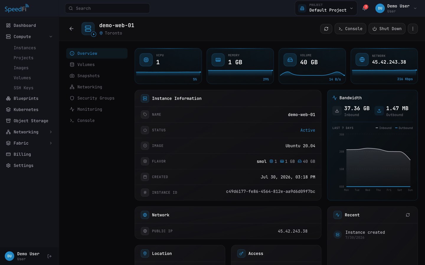 SpeedFI customer portal: server detail page for demo-web-01 in Toronto, showing vCPU, memory, volume and network cards, instance information and a seven-day bandwidth chart.